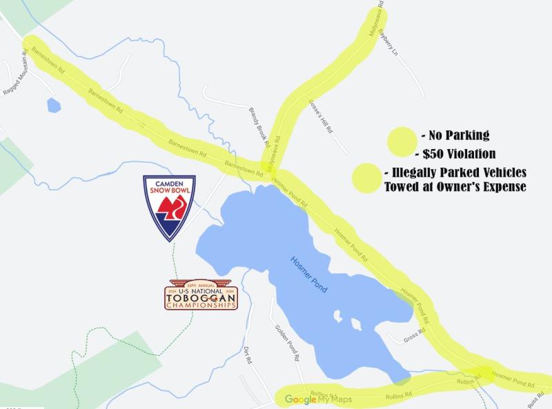 The highlighted areas outlines where parking is prohibited during the Toboggan Nationals, from 6 a.m. Saturday through 6 p.m., Sunday. Those in violation are subject to a $50 parking ticket and being towed at the owner’s expense. “This is necessary to allow traffic to flow in these areas due to the increased vehicle traffic, shuttle buses and emergency vehicles,” Camden Police Dept. said. “There will be limited parking at the Snow Bowl so please take advantage of the free shuttle service leaving from the Village Green and Camden Rockport Middle School.” t