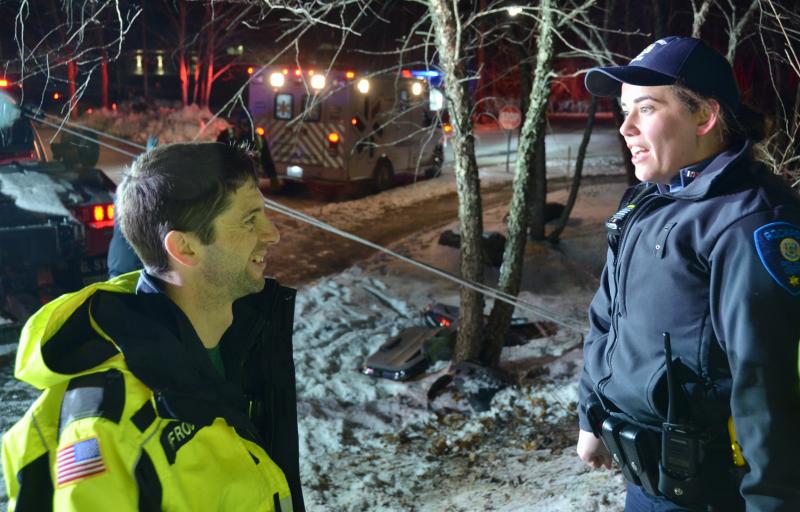After the rescue, a sense of relief. Rockport firefighter Mike Root and Rockport Police Officer Celjeta Bixhaku. (Photo by Lynda Clancy)