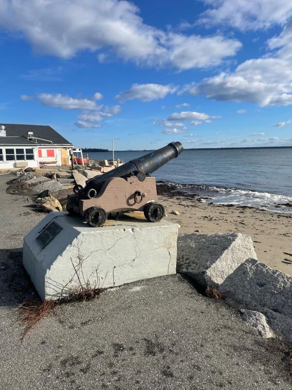 The cannon stands alone at the shore, the benches washed away and destroyed. (Photo by Ed O’Brien)