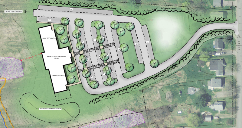 Sketch taken from MaineHealth and Sebago Technics’s pre-application regarding the location of the former Fieldcrest Manor Retirement and Nursing Home; scheduled to be demolished and rebuilt as a medical office building combing the two current practices within Waldoboro. medical office, MaineHealth, depot st.
