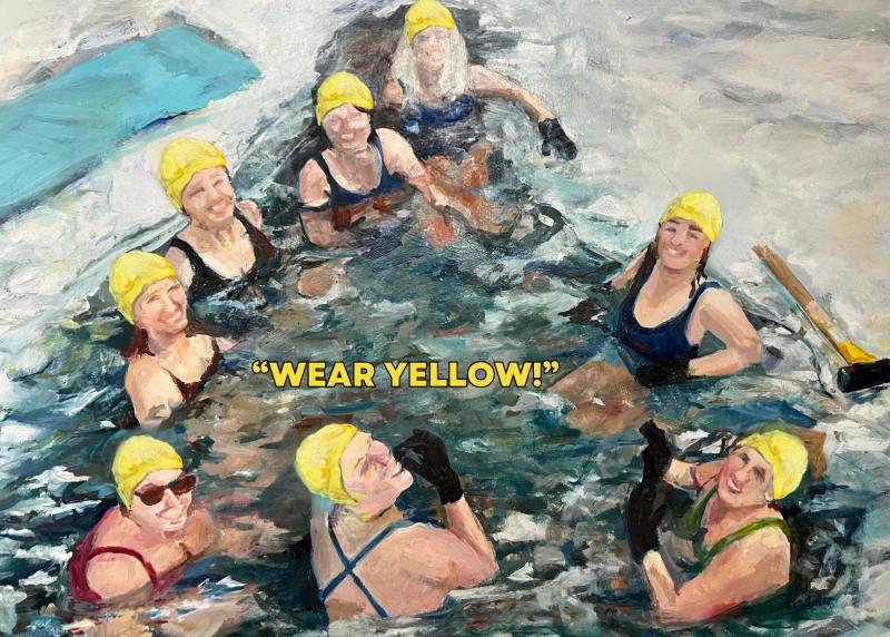The Finding Our Voices dipping event graphic is a painting by Liz Cutler of MDI’s Cold Tits Warm Hearts, from a photograph by Gin Majka of Wicked Nippy Dippahs out of Midcoast Maine. (Photo courtesy Patrisha McLean)