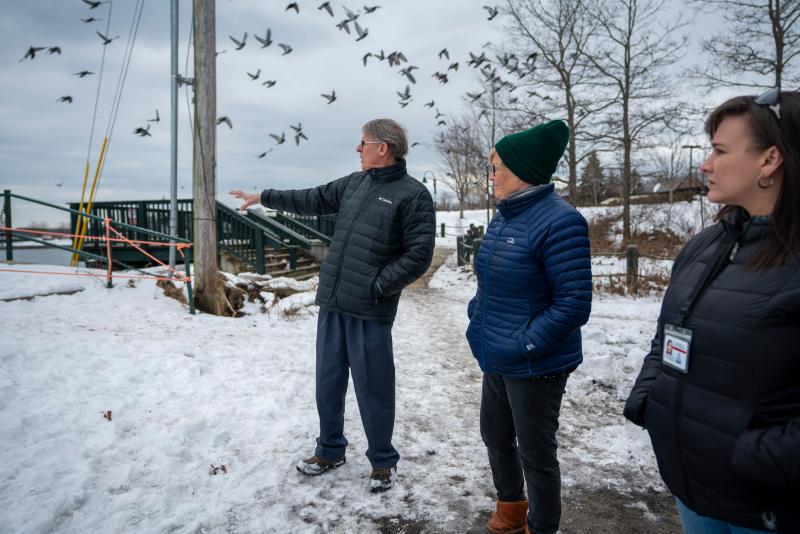 Rockland City Manager Tom Luttrell, left, describes the extensive damage to piers in Rockland Harbor to Congresswoman Pingree, center, and Candice Richards, Director of the Knox County Emergency Management Agency. (Photo courtesy Pingree Press Office)