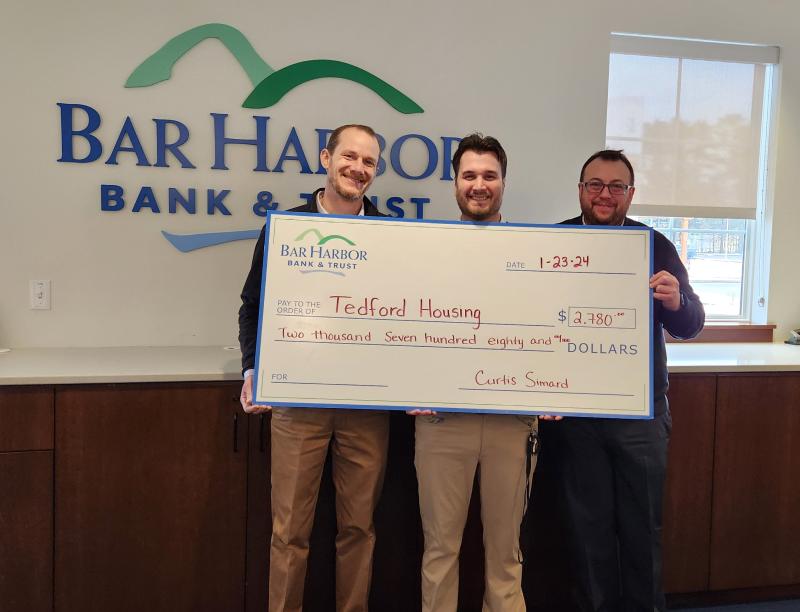Bar Harbor Bank & Trust (BHBT) presents a donation from the Bank’s Casual for a Cause program to Tedford Housing. Pictured from left to right: Andrew Lardie, Executive Director of Tedford Housing; Kaleb Davis, Branch Relationship Manager at BHBT; and John O’Neill, AVP Community Banking Relationship Manager. (Photo courtesy Bar Harbor Bank & Trust)