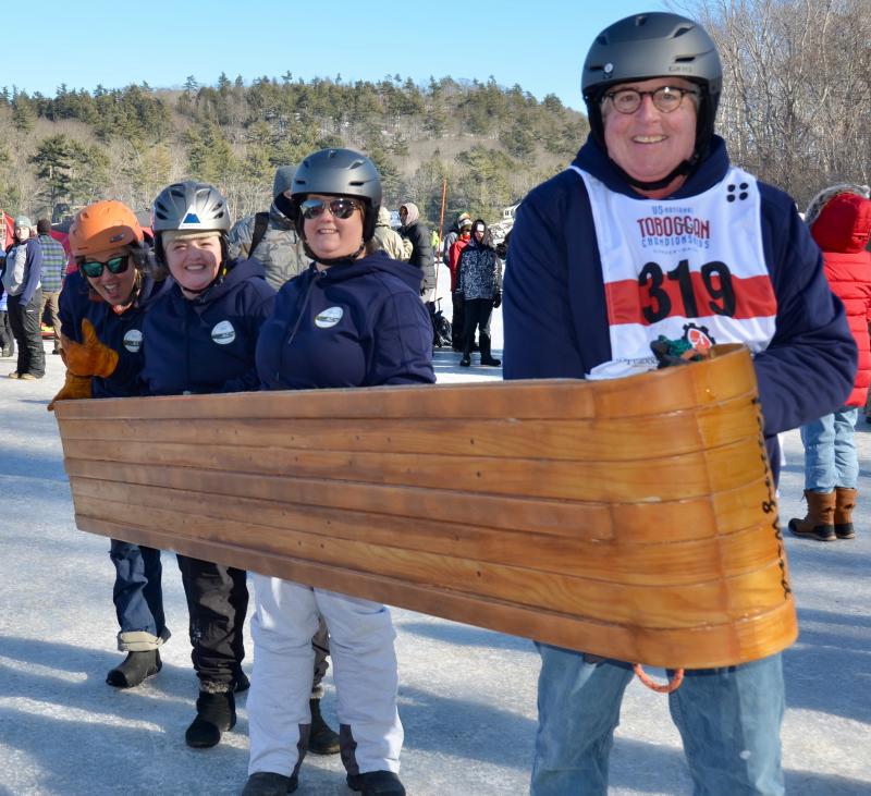 The Town of Rockport again beat its sole competitor this year, the Town of Camden. The tradition of the two-town sled competition began in 2016 when two toboggans filled with four select board members from each town pitted their times against one another. That was Rockport’s 125th birthday celebration, after it had split from the Town of Camden in 1891. In 2016, Camden won the toboggan competition. This year, the Rockport toboggan was filled by Harbor Master Abbie Leonard, former Select Board Chair Michelle Hannan, Finance Director Megan Brackett and Select Board member Michael Thompson. They beat Camden by two seconds. (Photo by Lynda Clancy)