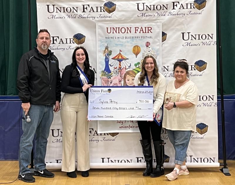 From left to right, Union Fair President Matt Elwell, 2023 Maine Wild Blueberry Crown Princess Kylie Blake, 2023 Maine Wild Blueberry Queen Jaycie Brown, 2024 Union Fair Poster Contest winner Sylvia Percy. (Photo courtesy Rick Butler)