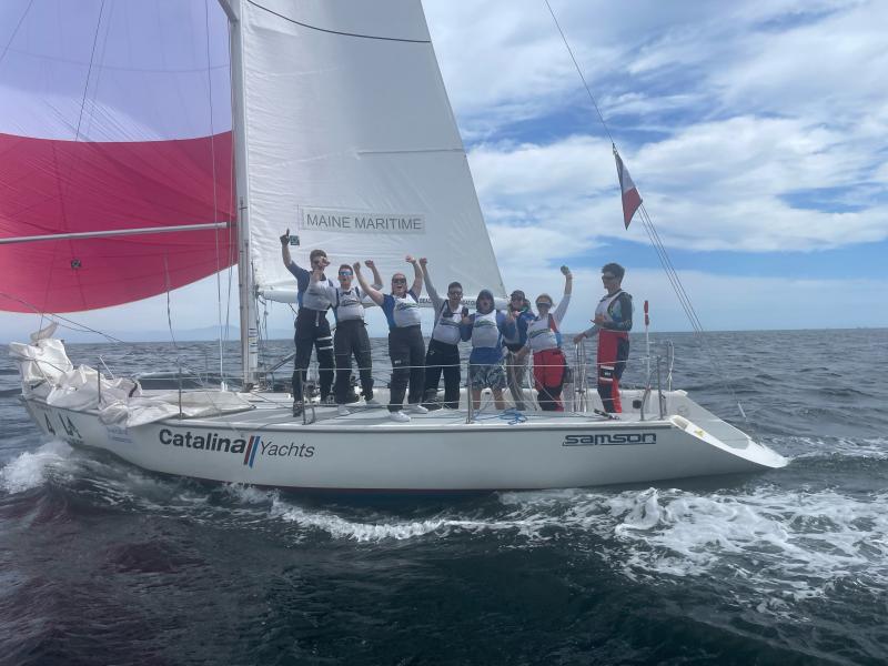 Maine Martiime Academy’s victorious sailors just after winning the Port of LA Harbor Cup in Los Angeles, California, March 10. From left to right: Mastman Aidan Pepperd, Bowman Kyle Carse, Pit Person Courtney King, Skipper Zach York, Jib/Spinnaker Trimmer Ellis Braga, Floater Drake Reid,
Main Trimmer Sarah Evans, Tactician Nala Ho, (Photo courtesy Chris Schreiber)