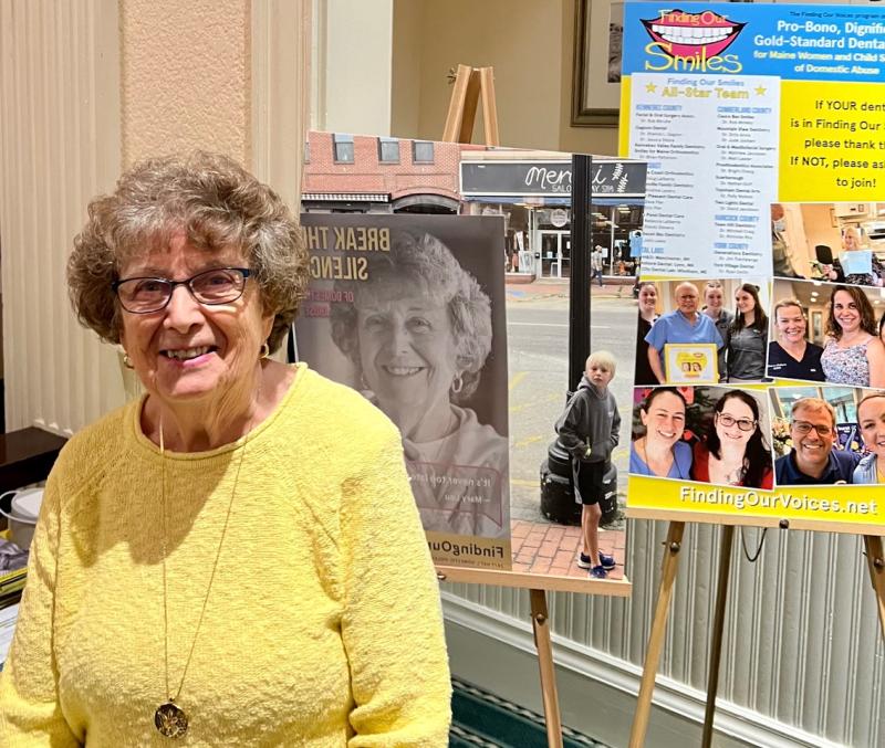 Mary Lou Smith spreading light about Finding Our Voices at the sold-out Gabriel Bryne fundraising event for the grassroots nonprofit at the Camden Opera House on March 9. (Photo by Mary Kamradt)
