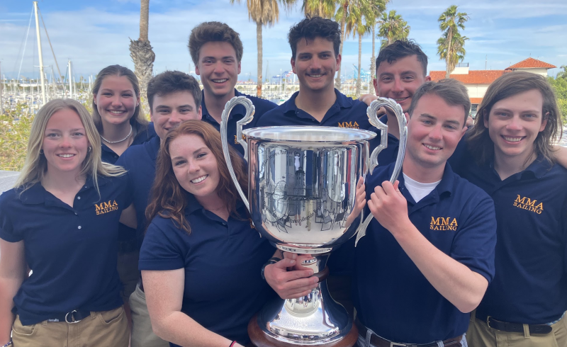 Maine Maritime Academy’s Offshore Sailing Team brings the trophy back to Castine, Maine. From left to right: Sarah Evans, Sarah Shank, Ellis Braga, Courtney King, Aidan Pepperd, Nala Ho, Zachary York, Kyle Carse and Drake Reid. (Photo courtesy Patrick DiLalla)