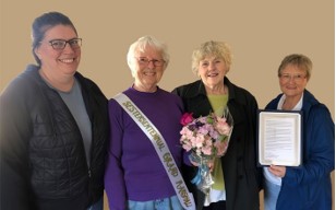 From left to right: Union Sestercentennial Committee members Tracy Weed and Sonia Burns, Grand Marshal Janice Linscott, and Union Select Board member Martha Johnston-Nash. (Photo courtesy Union Sestercentennial Committee)