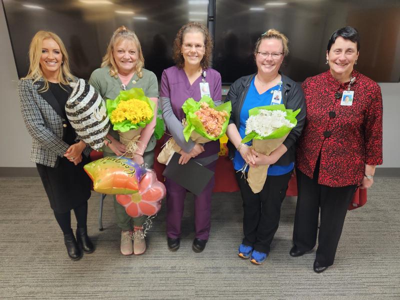 Pen Bay Medical Center employee award winners,from left: Denise Needham, PharmD, president of Pen Bay and Waldo; Sunshine Award winner Lori Gary; Standing Ovation winner Deborah Ketchen; DAISY Award winner Lindsay Geyer; and Ellen Leone, RN, MSN, chief nursing officer. (Photo courtesy Pen Bay Medical Center and Waldo County General Hospital)