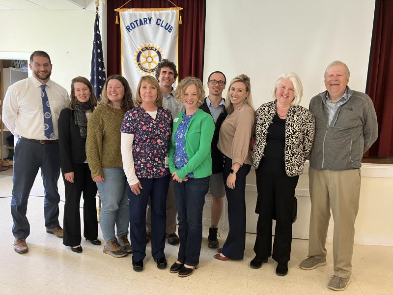 The Camden Rotary Club honored this year’s recipients of charitable grants during a recent meeting. Picture from left to right are St. George School Unit Superintendent Mike Felton, Penobscot Bay YMCA Executive Director Whitney Files, Hurricane Island Center for Science and Leadership Science and Research Director Anya Hopple, Camden Area District Nursing Association Director Judith Lydon, Hurricane Island Executive Director Bo Hoppin, New Hope Midcoast Executive Director Rebekah Paredes, Midcoast Recreation Center Interim Executive Director Jesse Simko, Knox County Homeless Coalition Executive Director Molly Feeney, MCH Meals on Wheels Executive Director Elisabeth Schuh, and Camden Rotary Club Grants Committee Chair Bruce Cole. Wayfinder Schools also received a grant. Camden Rotary, St. George School, New Hope Midcoast, Camden Area District Nursing, MRC, Midcoast Recreational Center, MCH Meals on Wheels, Pen Bay Y
