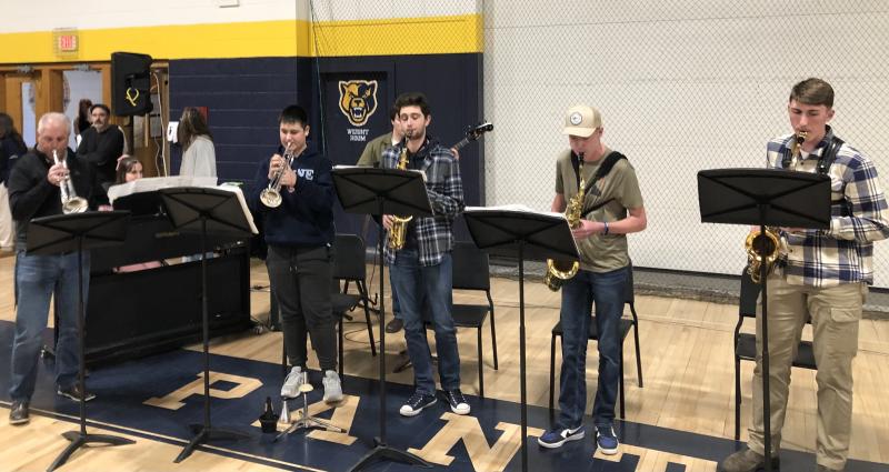 MVHS’s jazz ensemble played for a special all-school assembly on Friday, April 26 in Waldoboro. School Principal Linda Pease was presented to the student body as Maine’s 2024 Principal of the year. (Photo by Sarah Masters) jazz band, RSU40, Linda Pease