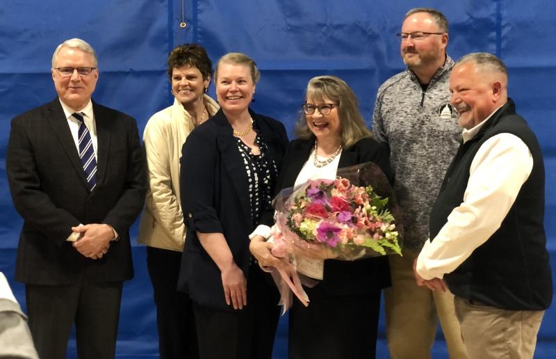 MVHS Principal Linda Pease (center) was named Maine’s 2024 Principal of the Year during a school assembly on April 26. Family and friends were on hand for the celebration. An award ceremony will be held in Augusta on May 24. (Photo by Sarah Masters)