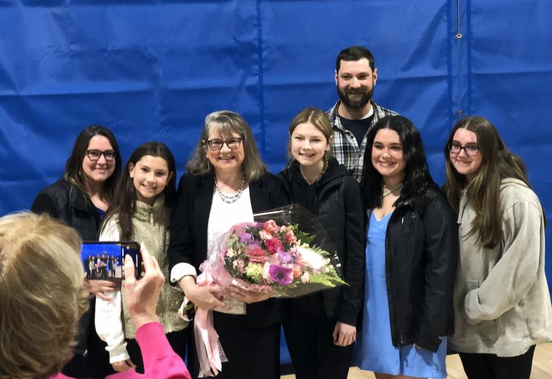 MVHS Principal Linda Pease (center) poses her “her girls” after being announced as Maine’s 2024 Principal of the Year in Waldoboro on April 26. (Photo by Sarah Masters)