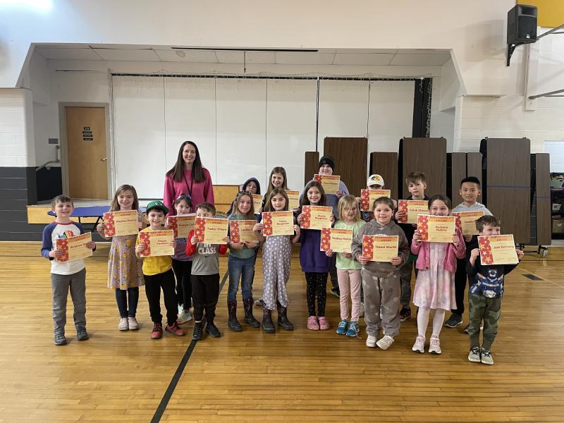 Responsibility Award Winners. Front: Andrew Smith, Payton Porter, Mason VanHorn, Evelyn Curtis, Tucker O’Hare, London York, Hailey Baughman, Alyvia Baughman, Hadley Hatch, Hazel Sturks, Giuliana Rubino, Jack DeYoung. Back: Principal Ainslee Riley, Hazel Dare, Greta Stinson, Finn Mullen, Jaxon Hopkins, Caleb Stinson, Justin Chen. (Photo courtesy Thomaston Grammar School)