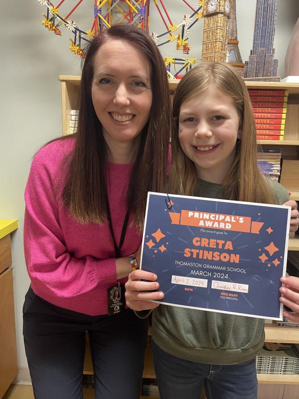 Principal Award Winner Greta Stinson and Principal Ainslee Riley. (Photo courtesy Thomaston Grammar School)
