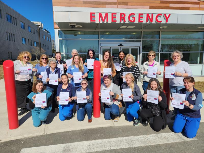 This month, the Sexual Assault Forensic Examiner (SAFE) Program at Pen Bay Medical Center, Waldo County General Hospital and LincolnHealth in Damariscotta launched a “Start By Believing” campaign. The national initiative provides education and resources to help healthcare workers better respond to disclosures of abuse. It also invites staff to pledge or reaffirm their commitment to always start by believing when they meet a survivor. Pictured here, SAFE nurses and other care team members share their pledges outside the Pen Bay Emergency Department. To learn more, visit startbybelieving.org.