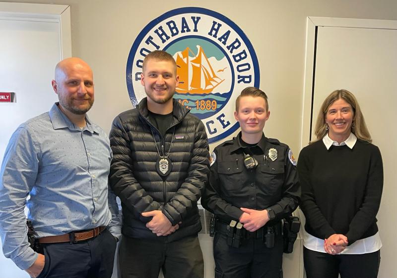 New Hope Midcoast Legal Advocacy Director Susanna Norwood, right, recently provided training on domestic abuse and non-fatal strangulation to new hires at the Boothbay Harbor Police Department. Pictured are Chief Doug Snyder, Officer Garrett French, Officer Makenzi Strout, and Norwood. Courtesy New Hope Midcoast