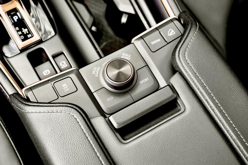 A knob like this on the center console is typically a computer controller meant to be pushed, twirled and nudged through a large menu of screens. On the Grand Highlander, it’s purely a drive-mode selector: Normal, Sport, Eco, Rock & Dirt, Mud & Sand; even more oddly, Snow mode is off by itself—the button upper right, next to the hill-descent-control switch.