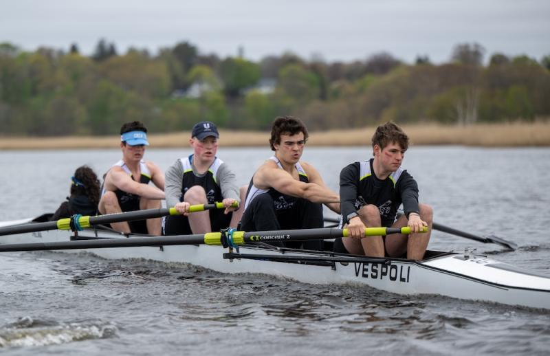 Boys coxed four at Neponset. Connor Howland, Jake Roux, Even Fossum, Robert Wickenden. Sophia Howell, cox (Photo courtesy Kevin Brown)