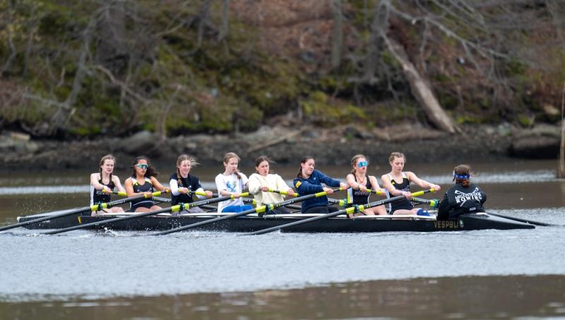 Girls coxed 8 at Neponset. Ruth Weiss cox, Adella Brainerd, Laura Riordan, Marguerite Worner, Flynn Layton, Flora Gurdon, Leanna Talty, Leona Bournival, Tucker Beynart (Photo courtesy Kevin Brown)