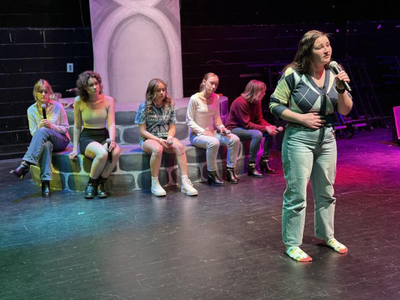 Background: Annie Costello, Fen Forand, Chloe Day-Lynch, Rosie Fishman, Sara Ackley. Foreground: Kerrigan Peterson (Photo by Ethan Ratner)