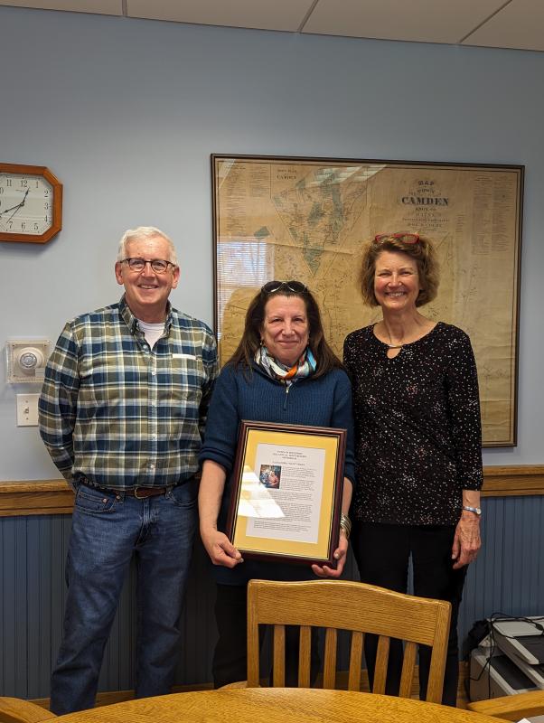 Select Board member Michael Thompson with Alexa Fogel and Board Chair Denise Munger (Photo courtesy Diane Hamilton/Rockport Town Office)