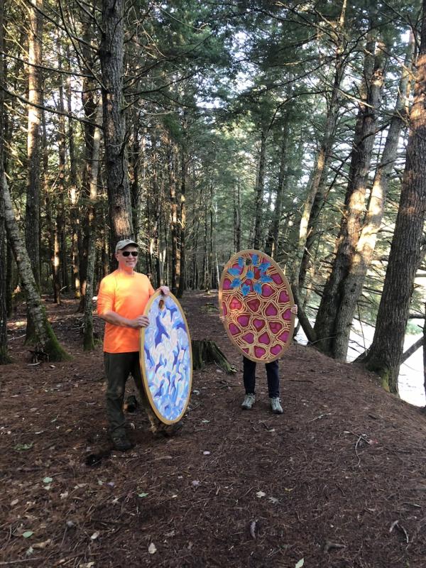 Peter Walls and Allegra Kuhn install their work at Stover Preserve during their 2024 Art Gone Wild Residency. (Photo courtesy Waterfall Arts)