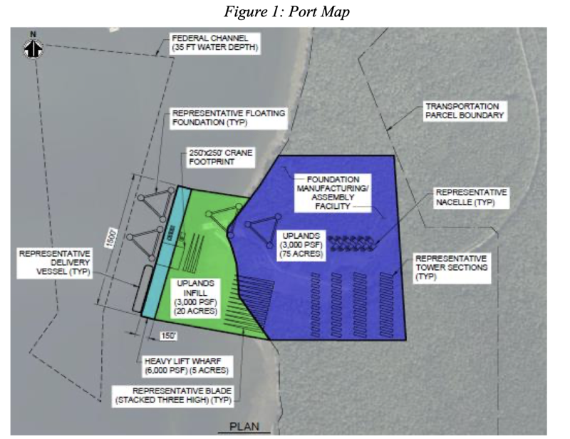 The Port Map of the proposed wind port on Sears Island, as depicted in the grant application for federal funding that was prepared and submitted by the Maine DOT.
The DOT is requesting a $456 million Multimodal Project Discretionary Grant award to construct the East Coast’s first purpose-built floating offshore wind port as well as the nation’s first U.S.-flagged, Jones Act-compliant semi- submersible barge to accommodate the fabrication, marshaling, and installation of floating offshore wind turbines in the Gulf of Maine. The total cost of the project budget is $760 million.