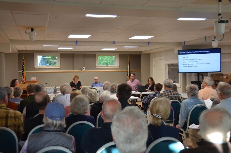 A May 28 public information meeting about Article 3, a proposal to spend $33.7, plus interest, on building Rockport’s own sewer treatment facility. At the table in front, left to right, Rockport Select Board members Kim Graffam, Michael Thompson, Denise Munger, with Rockport Wastewater Task Force chair Bill Bow, Town Manager Jon Duke and Rockport Finance Director Megan Brackett. (Photo by Lynda Clancy)