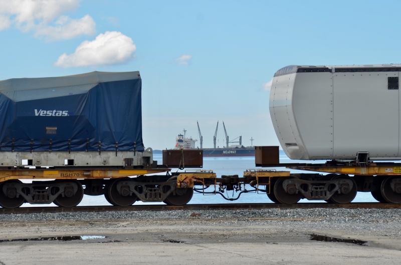 The Mack Point Terminal with cargo on rails, looking southwest down Penobscot Bay. (Photo by Lynda Clancy)