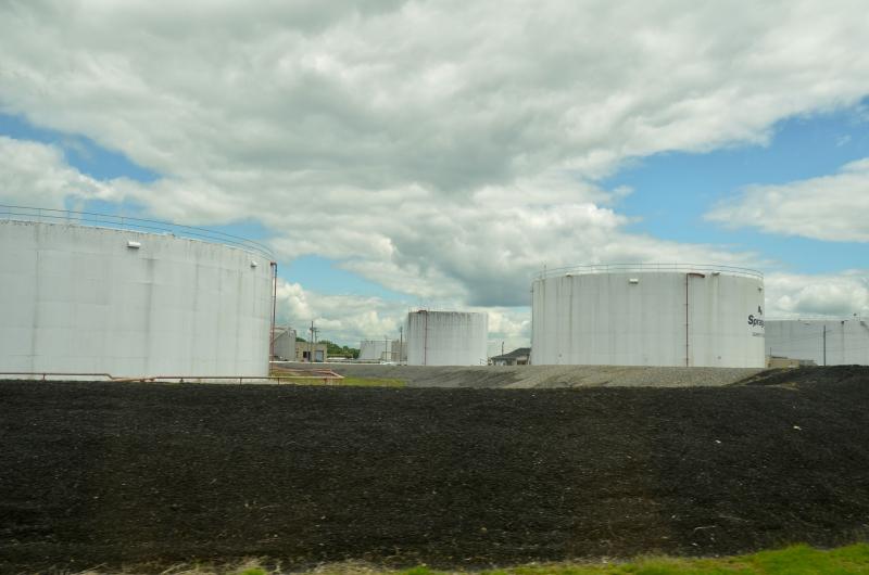 Existing empty fuel tanks at Sprague’s terminal site in Searsport. The tanks formerly stored diesel fuel that was piped up to the Poring Air Force base in Limestone, Aroostook County, before it closed in 1994. While empty, Sprague is maintaining them for future use, possibly with renewable ga(Photo by Lynda Clancy)