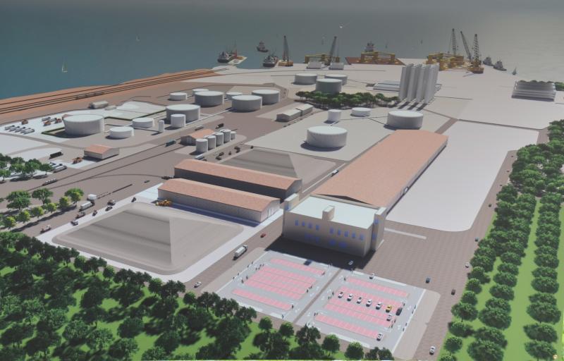 A rendering of a fully built-out wind port on Mack Point, with a new parking lot for 300 employees, the base of which would be dredged material from the shoreline. (Image courtesy Sprague Operating Resources)