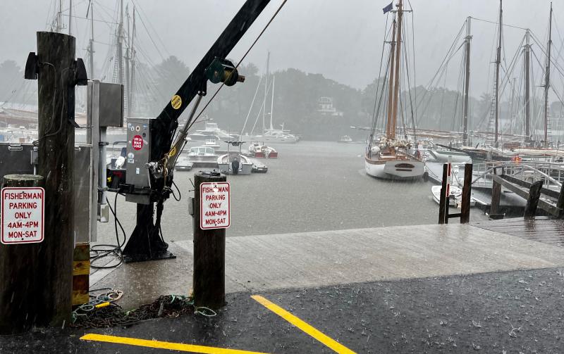 Hail and pouring rain pelts Camden Harbor. (Phot0 by Holly Anderson)