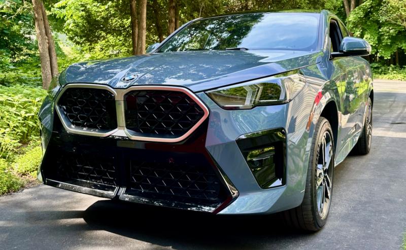 The edgy style of the second-generation X2 subcompact crossover is highlighted here in Storm Bay Metallic with a Mocha Perforated Veganza interior. Veganza is BMW’s animal-free “vegan” leather.