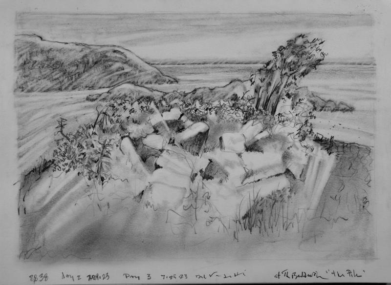 Sketchbook page, day three, the “Pile” at the Baldwin House, Monhegan Island by Deb Vendetti. (Photo courtesy Rockport Public Library)