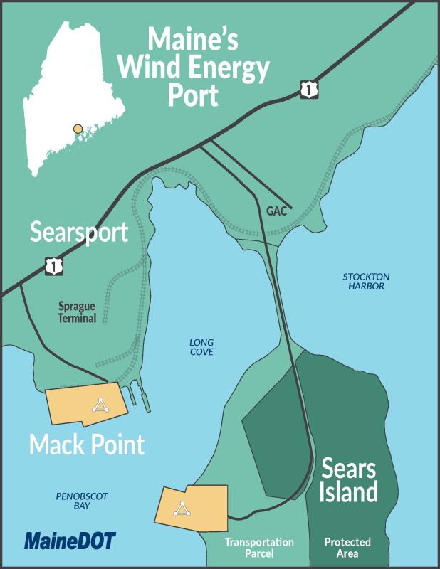 Mack Point and Sears Island lie across a short channel from each other in Searsport. (Image courtesy Maine Dept. of Transportation)