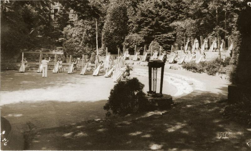 “Carlos Salzedo and his students preparing for a performance in the Camden Amphitheatre in 1946. The back streets of Camden used to be full of the angelic sound of harpists practicing day and night.” From the Camden Public Library/Walsh History Center. (Photo courtesy Camden Public Library)