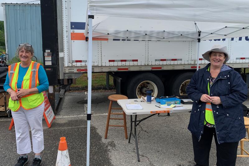 Susan Robbins and Beth Kwiatkowski, at Household Hazardous Waste Collection Day. (Photo by Lynda Clancy)
