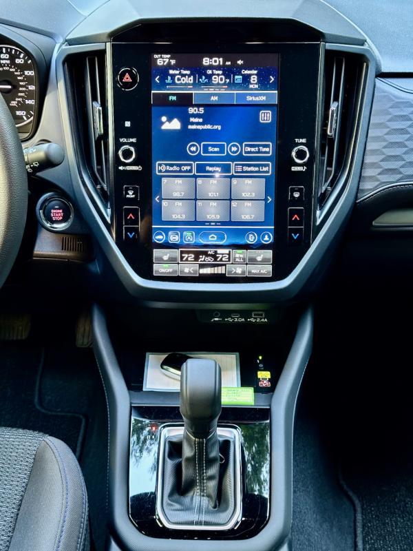 For years, Subaru’s nods to connectivity and computerization seemed grudging at best. No more, viz. this Starlink screen that measures nearly 12 inches (diagonally). The vertical layout takes up less dash space in a small car and is easier for the driver to access. The most often-used controls are available as knobs or buttons, here and on the steering wheel. The drive mode-selector, however, for snow or dirt, is hidden away in a screen menu.