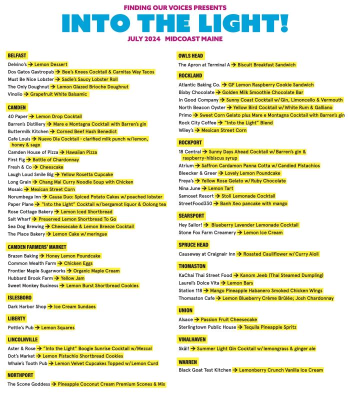 60 Midcoast Maine Eateries with their Yellow “Into the Light!” Food and Drink Featured On Menus Through July
