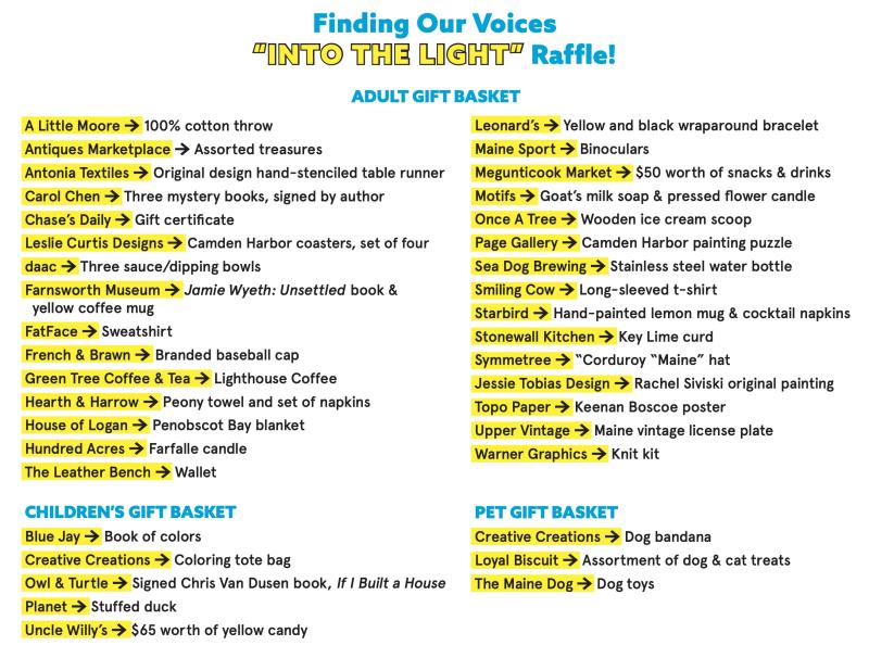 “Into the Light!” Selfie-Raffle items donated by 38 Local Businesses