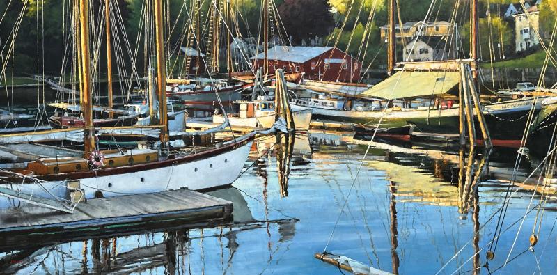 Brooks, Evening at Camden Harbor, Oil on Panel. (Photo courtesy Camden Falls Gallery)
