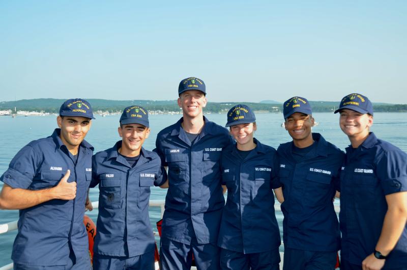 Cadets Hashem Alhadidi, of Jordan; Sam Puleio, of Tinton Falls, N.J.; Parker Anselm, Puyallup, Washington; Morgan Moore, of Stafford, Virginia; Christos Burns, of Trinity, Florida; and Dylan Eirerdink, of Hernando Beach, Florida. (Photo by Lynda Clancy)