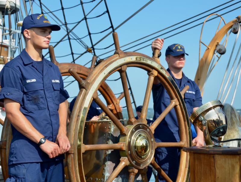 At the wheel on the Eagle,U.S. Coast Guard Academy Cadet 4th Class Select Stuart Golliher, And unknown 4th Class Select
(Photo by Lynda Clancy)