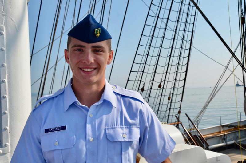 Logan Schwartz, of Cape Elizabeth, graduated from Cape Elizabeth High School last June, the Class of 2024. He was ready to step into his future and, “decided the military would be a great way to go about that.” The CG, he felt, was the right fit for himself. Schwartz is in basic training, and will be back at the Academy for several more weeks of basic training and then will begin classes in the fall. He has 39 classmates in his division, Bravo, and the total class size is approximately 300 now going through basic training. (Photo by Lynda Clancy)