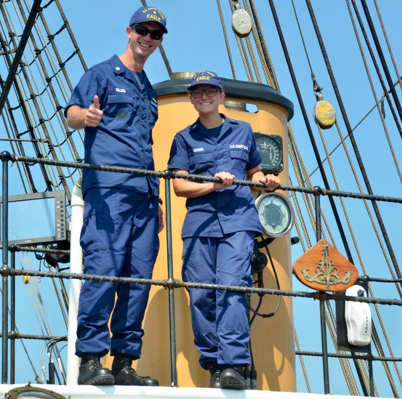 U.S. Coast Guard Cutter Eagle (WIX 327) Commander Justin Feller, executive officer of Eagle, and Lieutenant Junior Grade Adalea Severs, cadet training officer and supply officer. (Photo by Lynda Clancy)