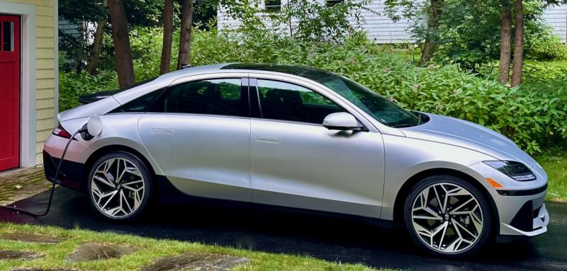 Electricity and water don’t mix well, or mix all too well, so I have qualms about recharging outdoors in the rain, but every EV and plug-in hybrid can cope with this. (One of my own cars is in that bay of the garage, so I can’t roll this one inside.) The Ioniq 6 hasn’t changed since 2023; it remains a smooth and stylish sedan that in AWD configuration offers tremendous—or sedate—performance.
