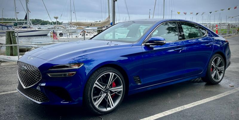 The handsome G70 3.3T, in Kawah Blue, looks right at home at the yacht club. The dark chrome and aluminum trim are part of the Sport Prestige package. The car sits low and has a low roofline, but the driver’s seat and the steering wheel automatically retract for easy entry and exit. Genesis? Genesis is Hyundai’s Lexus, as it were.
