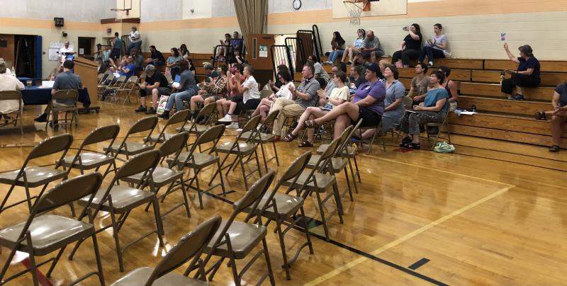 A crowd of about 50 people gathered to watch the School Board meeting on Aug. 1 in Union. Most of the attendees appeared to support Policy ACAAA, which provide protections for transgender and gender expansive students. The audience was visible pleased when the Board voted to rescind an earlier decision to delete the policy. (Sarah Masters photo)